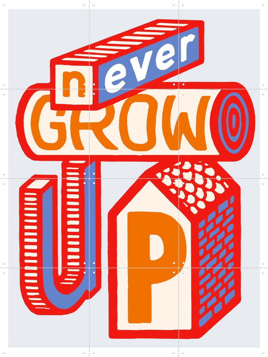 IXXI Never Grow Up, Studio Boot - 60 x 80 cm - Gratis ophangtool - Grote wanddecoratie en posters - Speels, Grafisch Ontwerp, Kleurrijk, Typografie