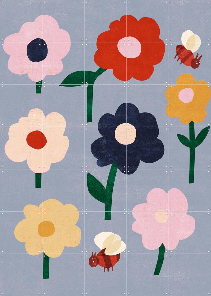 IXXI Flowers & Bees, Lotte Dirks - 100 x 140 cm - Gratis ophangtool - Grote wanddecoratie en posters - Pop art, Speels, Grafisch Ontwerp