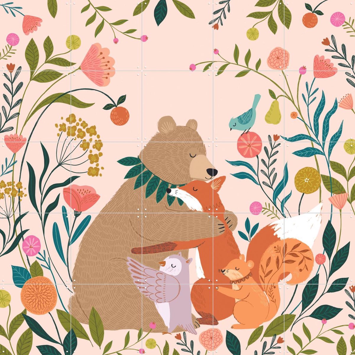 IXXI Bear Hugs, Bethan Janine - 100 x 100 cm - Gratis ophangtool - Grote wanddecoratie en posters - Fantasierijk, Illustraties, Speels, Kleurrijk