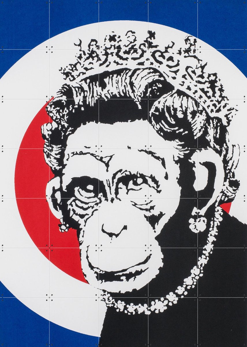 IXXI Monkey Queen, Banksy - 100 x 140 cm - Gratis ophangtool - Grote wanddecoratie en posters - Speels, Pop art, Street art, Illustraties, Kleurrijk