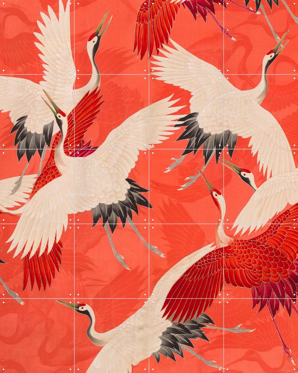 IXXI Kimono with Cranes Red, Rijksmuseum - 80 x 100 cm - Gratis ophangtool - Grote wanddecoratie en posters - Kleurrijk, Ukiyo-e, Illustraties