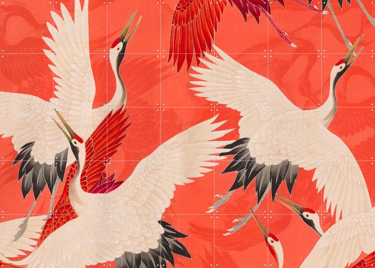 IXXI Kimono with Cranes Red, Rijksmuseum - 140 x 100 cm - Gratis ophangtool - Grote wanddecoratie en posters - Kleurrijk, Ukiyo-e, Illustraties