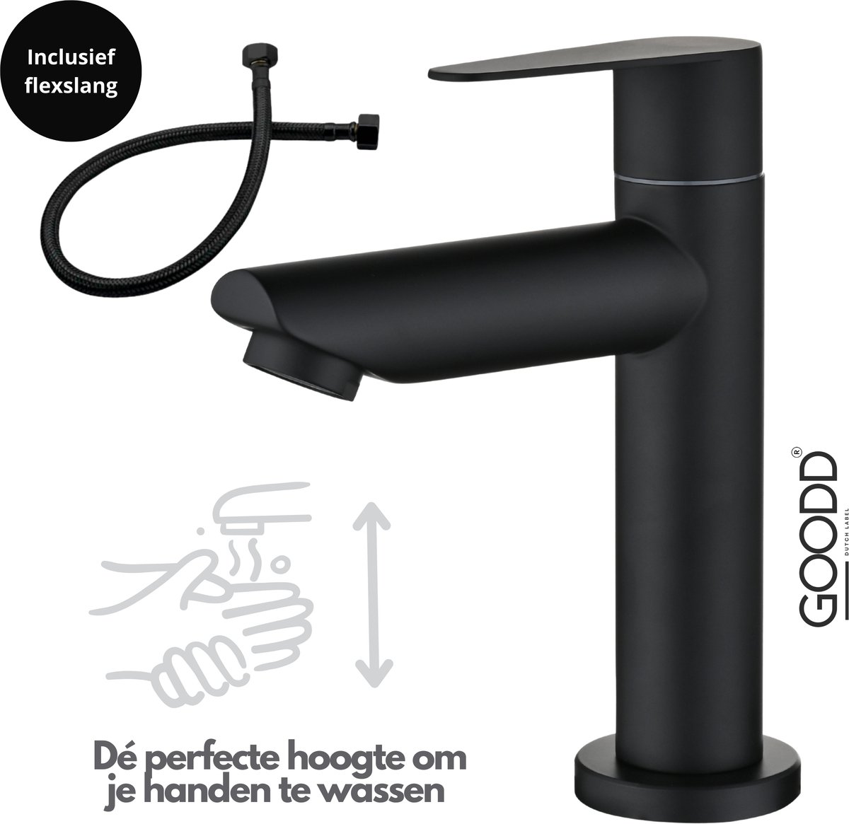 GOODD® Toulon - Fonteinkraan - Toiletkraan - Koudwaterkraan - Wc kraan - Zwart - Nylon aansluitslang