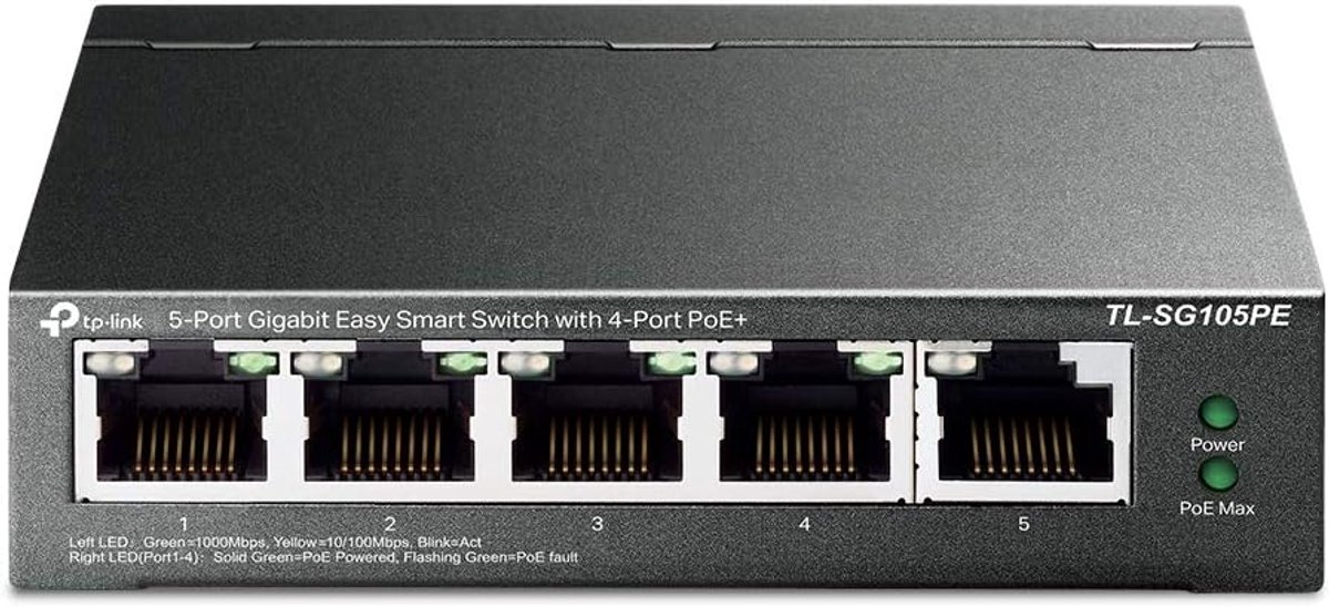 5-poorts Gigabit PoE+ Switch met 4 gestroomde poorten, 65W budget, QoS, VLAN en IGMP Snooping