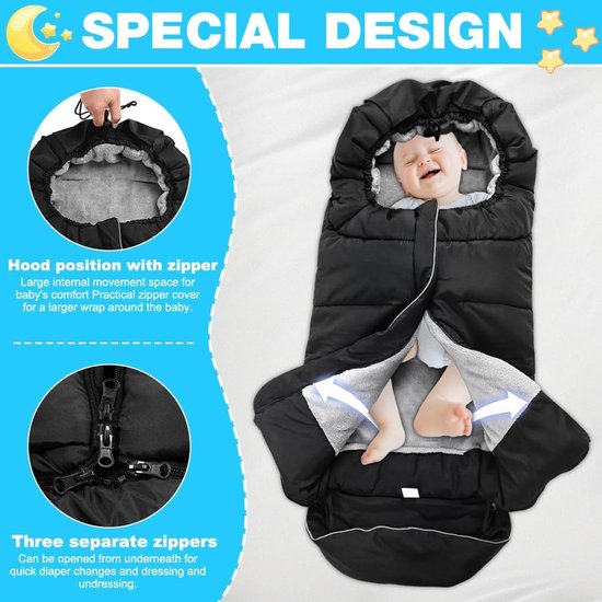 Kinderwagen Voetenzak - Winterdeken Kinderwagen - Baby Warm Houden - Waterdicht Winddicht - 97 x 44 cm - Zwart — afbeelding 3