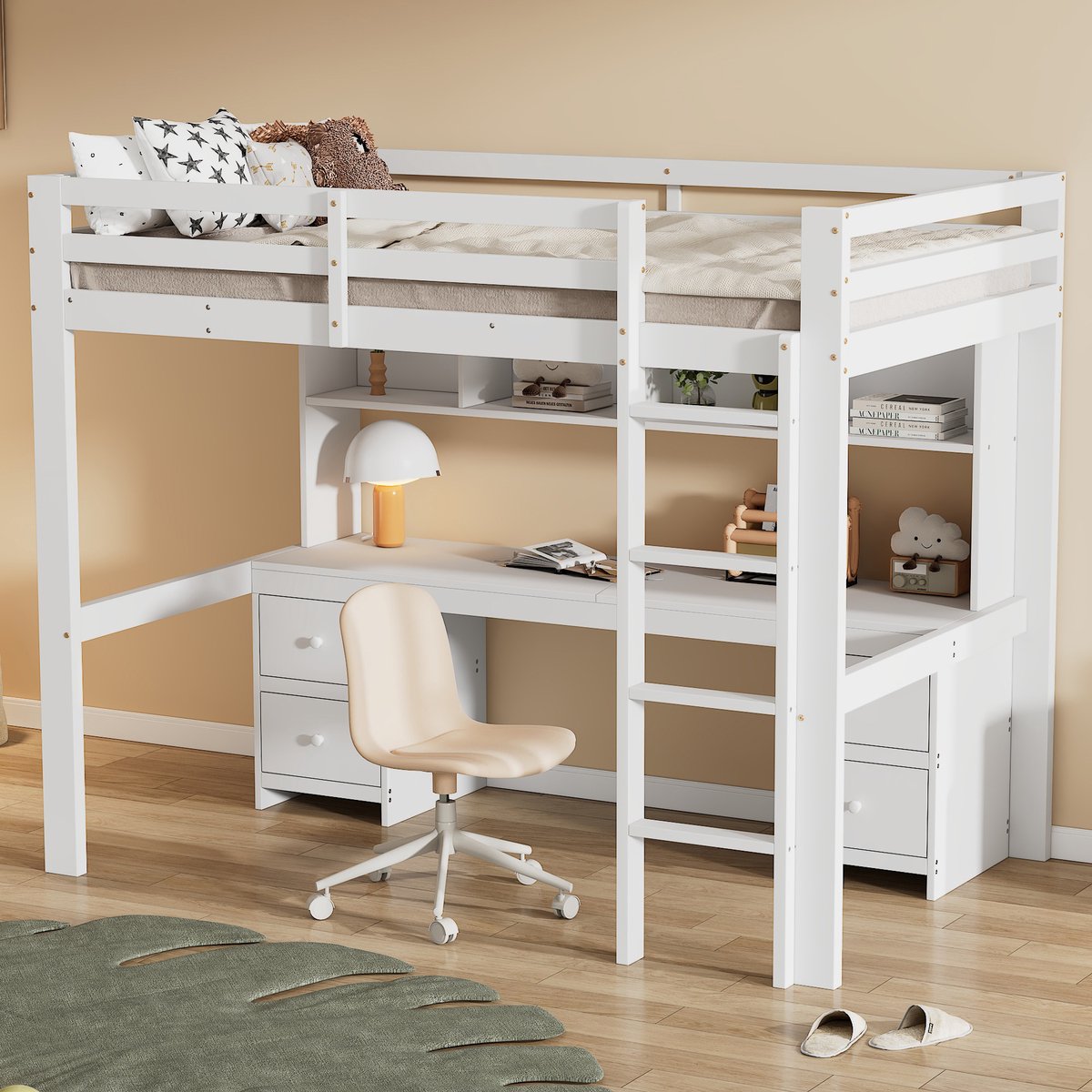 MODFU Hoogslaper 90x200 cm – Met bureau, 4 laden en 4 open vakken – Grenenhout – Wit – Ruimtebespaarder voor kinderkamer