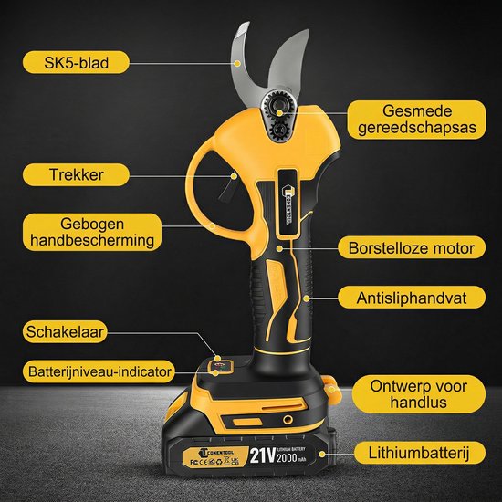 CONENTOOL Elektrische Snoeischaar Incl. Accessoires en 1 Accu - 25mm Snijddiameter - Borstelloze Motor - Professioneel Heggenschaar op Batterij - Draadloos van Conentool — afbeelding 2