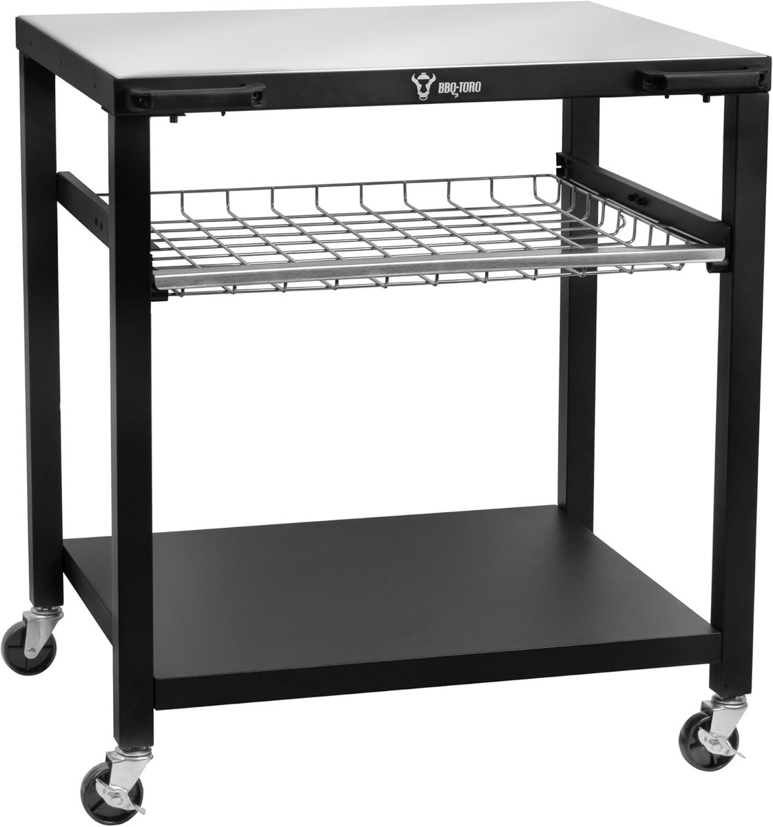 Grillwagen met Groot Werkblad - Zwart BBQ-Tafel met Roosterlade en Wielen
