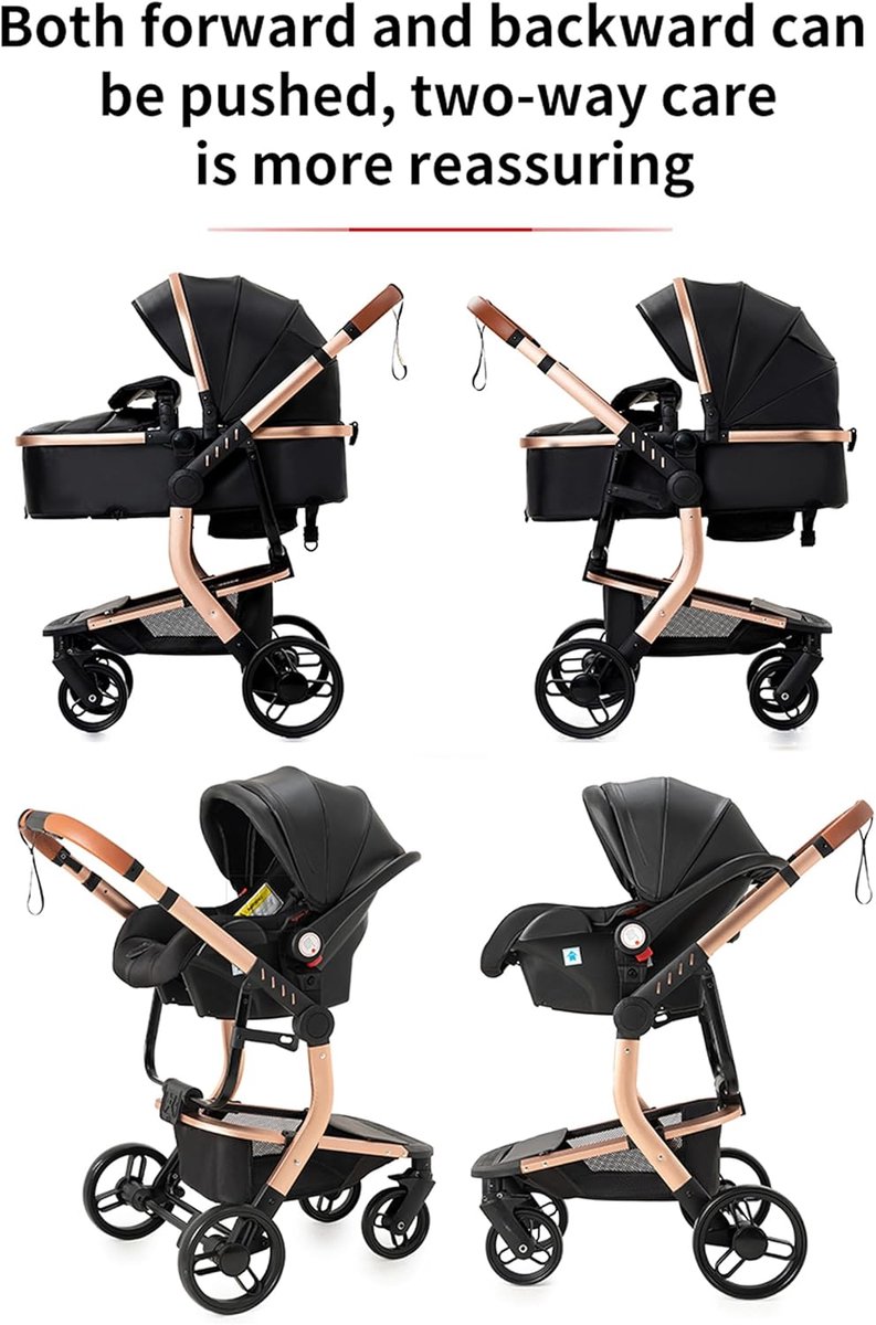 3-in-1 Combi-kinderwagen Systeem - Reissysteem + Standaard Kinderwagen + Buggy voor Pasgeborenen - Opvouwbare Draagbare Reiswieg | Lichtgewicht Hoge Kinderwagen | Robuuste Wielen thumbnail 5
