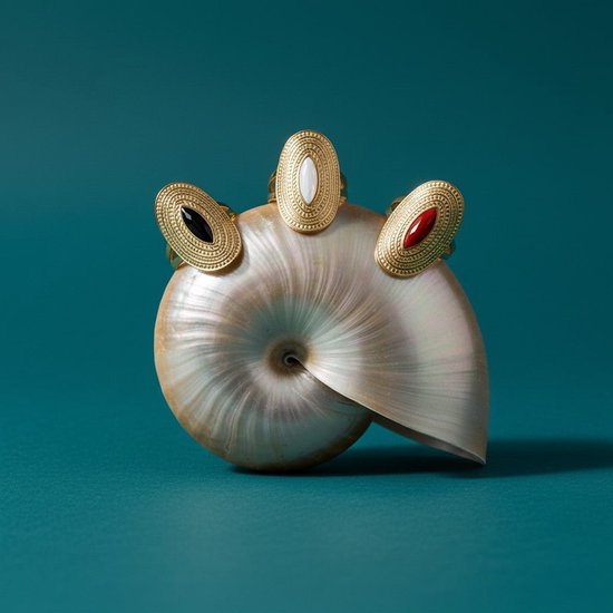 Gouden ringen met zwarte, witte, rode en blauwe steen, op schelp.