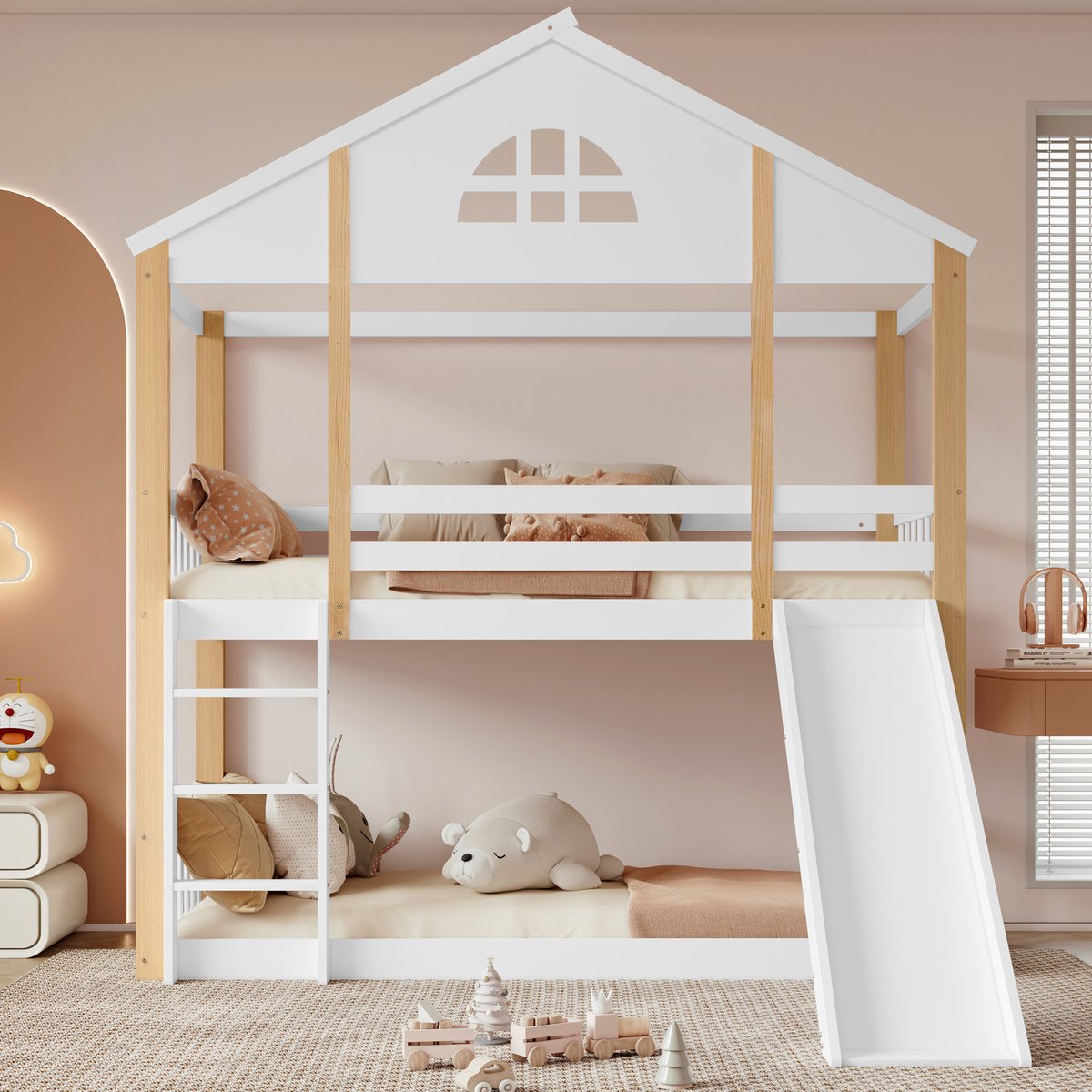 Wishdor Stapelbed 90 x 200 cm - Glijbaan en Hoektrap - Huisbedontwerp - Open Onderste Ruimte - Links-Rechts Uitwisselbaar - Natuurlijke Houten Steunpoten - FSC-gecertificeerd - Massief Grenenhout en MDF - Wit en Naturel Wit+Natuurlijk