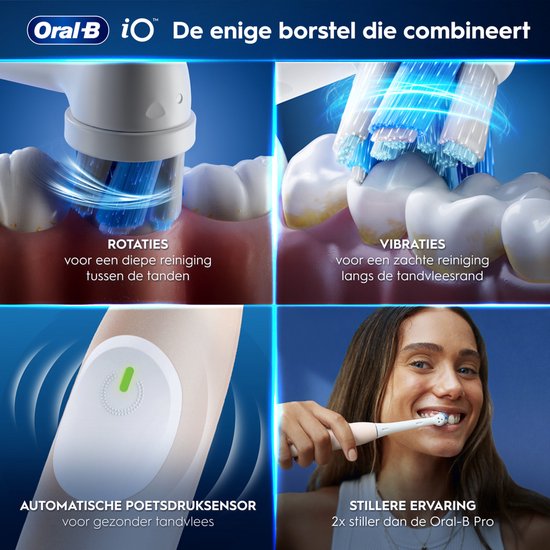 Collage: Oral-B iO met rotaties, vibraties, druksensor en vrouw met stille ervaring.