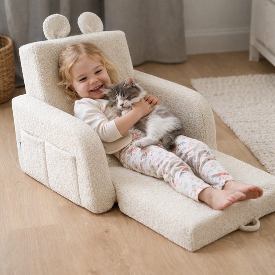 Flumi - 2 in 1 Uitschuifbare Kinderfauteuil - Schuimconstructie - Afneembare Wasbare Hoes - Teddy Stof - Met Zijvakken - Lichtbeige van Merkloos — afbeelding 4