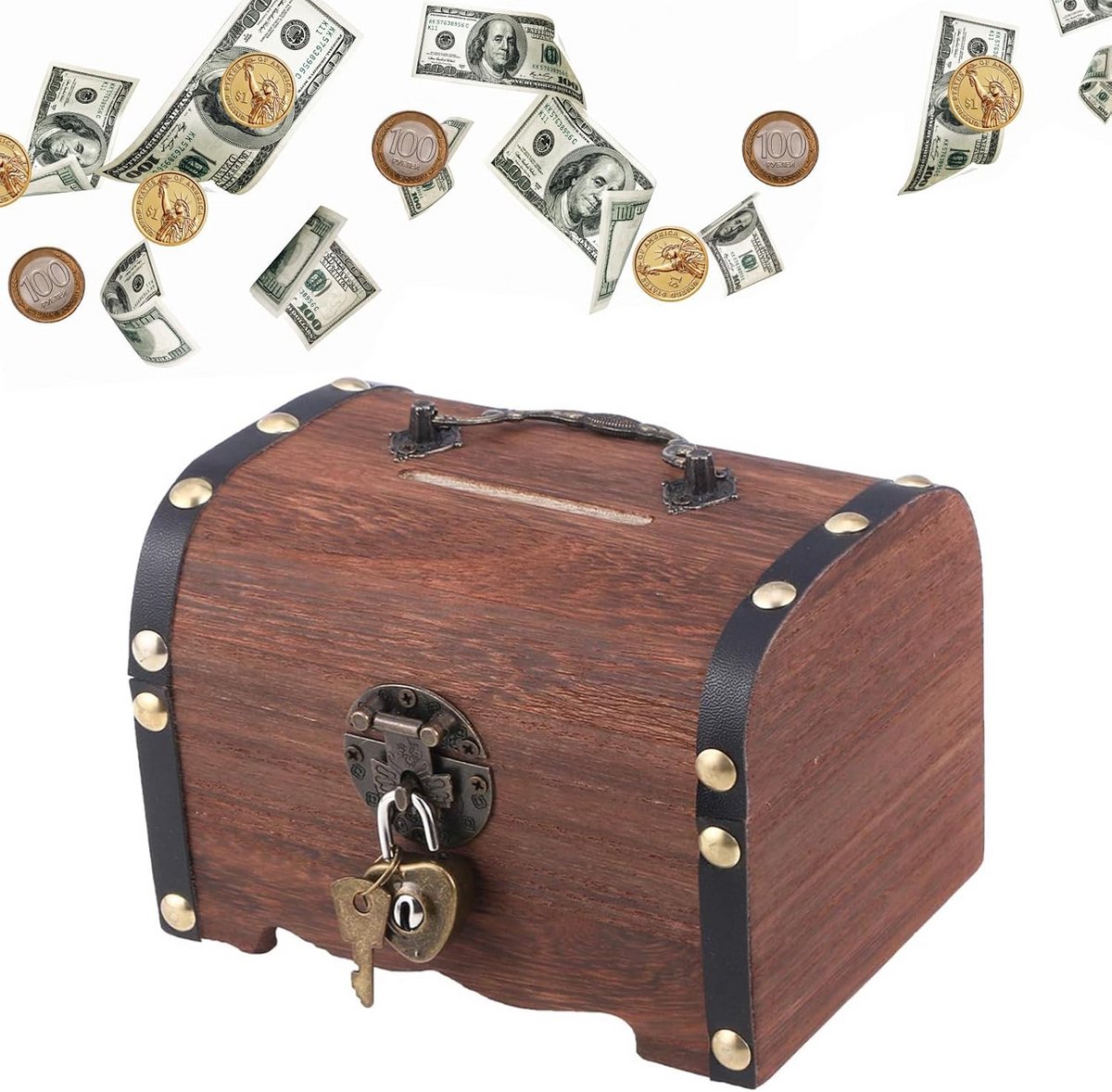Houten Spaarpot Schatkist met Slot en Sleutels
