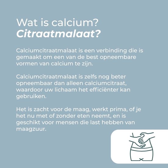 Tekst over calciumcitraat malaat, de zachte en goed opneembare vorm van calcium, met een illustratie van een maag.