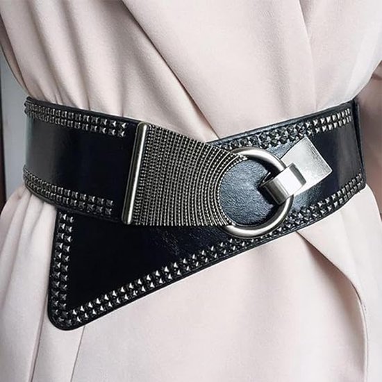 Brede elastische riem, damesriem met studs, punk PU-leren elastische riem met metalen diagonale haakgesp, retro riem met trekkoord, geschikt voor overhemden en jasjes (zwart).