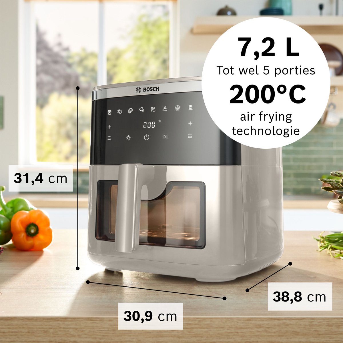 Bosch MAF671C0 Airfryer XXL - Serie 6 - 7,2L - Shake alarm - Kijkvenster - Warmhoudfunctie - 7 programma's - Tot 5 personen - Dark Cream — afbeelding 7