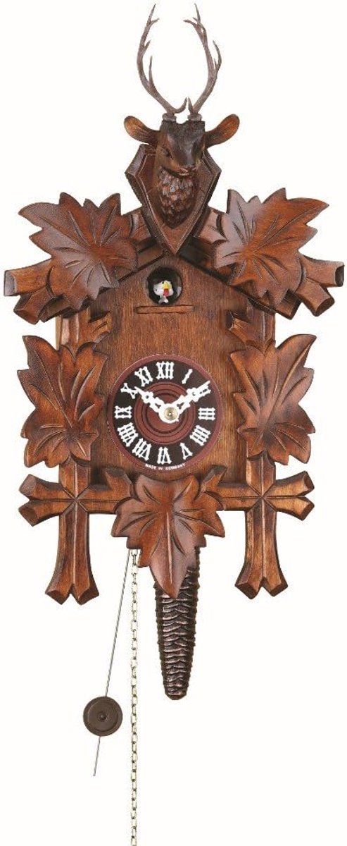Kukeluur met 1-daags uurwerk en hertenkop decoratie - Wandklok uit het Zwarte Woud