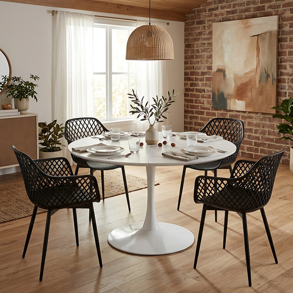 EGGREE eettafel en stoelen set - witte tafel Ø 120 cm met 4 stoelen - voor bar - kookeiland, café en eetkamer Wit-R4BK