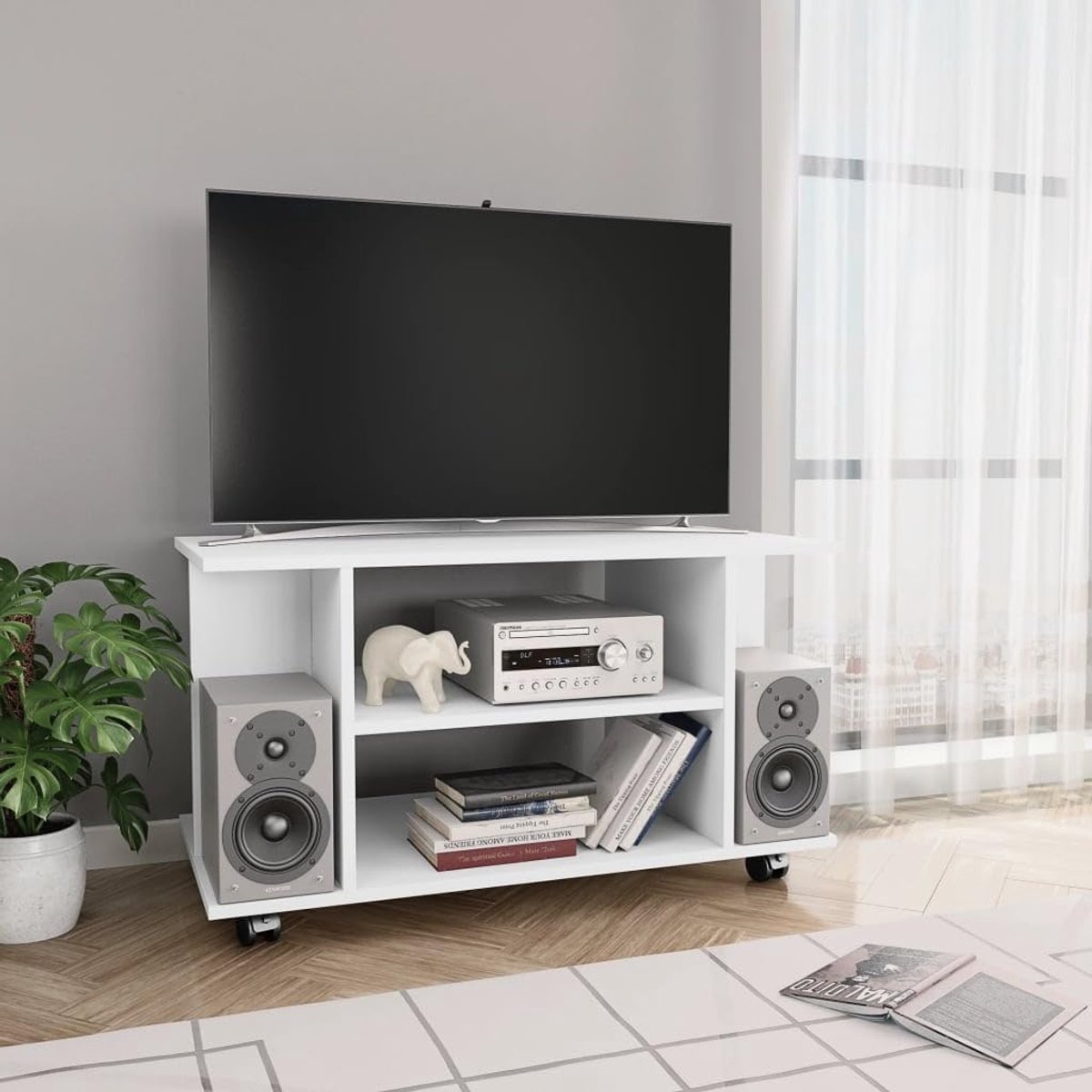 TV-kast - Media meubel - Opbergen en presenteren - Met verrijdbaar onderstel - 80x40x45 cm - Wit