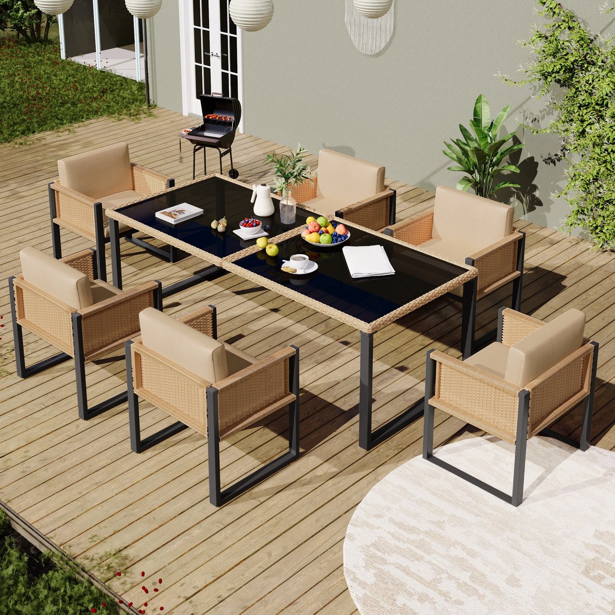 Sweiko Tuin Dining loungeset - kunstrattan - Eettafel + 6 fauteuils - Inclusief kussens - Bruin + Zwart + Kaki