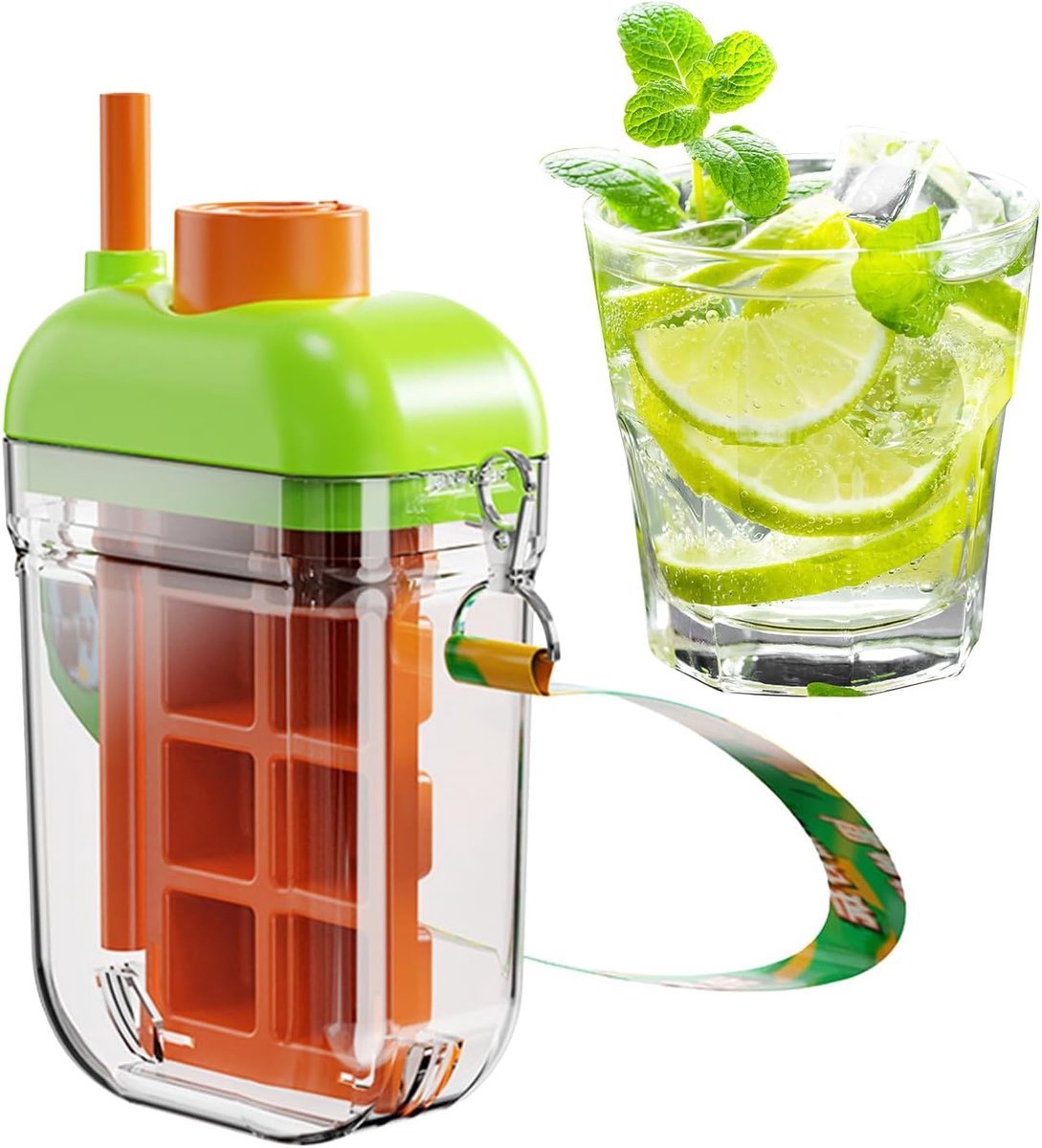 IJsblokjes Maker - Waterfles IJs - Drankjes Koelen - 2-In-1 Ontwerp - 18x12x7 cm - Oranje Groen