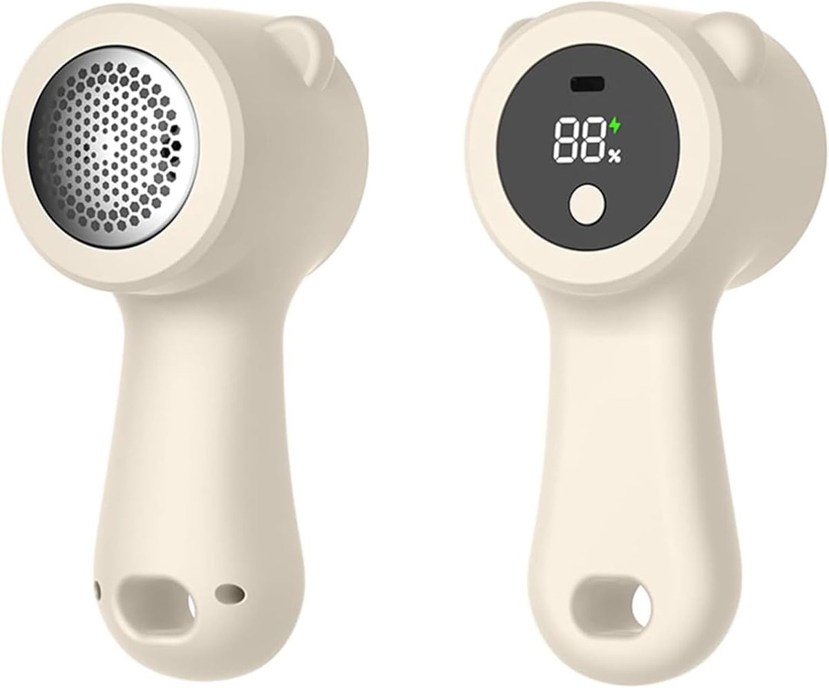 Stofontpiller – Oplaadbare pluistrimmer – Truiontpiller – Schattig berendesign – Speciaal voor het verwijderen van pluisjes, losse draden en pilling van kleding & meubels – Met digitaal LED-display – 3 snelheidsstanden – Beige