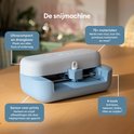 Cricut Joy snijmachine met labels voor functies zoals "Ultragcompact", "75+ materialen" en "4 tools".