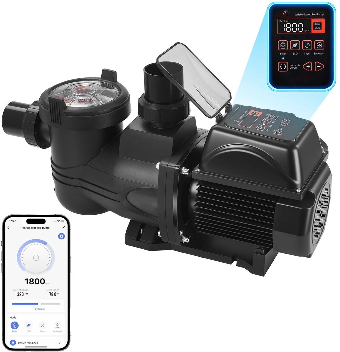 Zwembadpomp - Zelfaanzuigende filterpomp - Debiet 30.000 l/uur (30 m³/uur) - Variabele snelheid - 1.350 W - Programmeerbare timer - Voor inbouw- en bovengrondse zwembaden