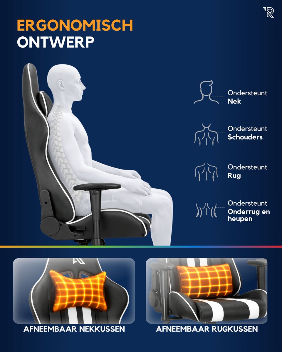 Ranqer Felix Gamestoel Ergonomisch Zwart/Wit Verstelbaar - afbeelding 3