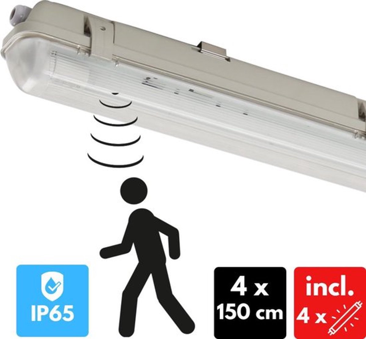 Proventa Outdoor LED TL verlichting met bewegingssensor en lichtsensor - Waterdicht - 4 x 150 cm - Tl-buizen - Tl-verlichting - Tl-armaturen