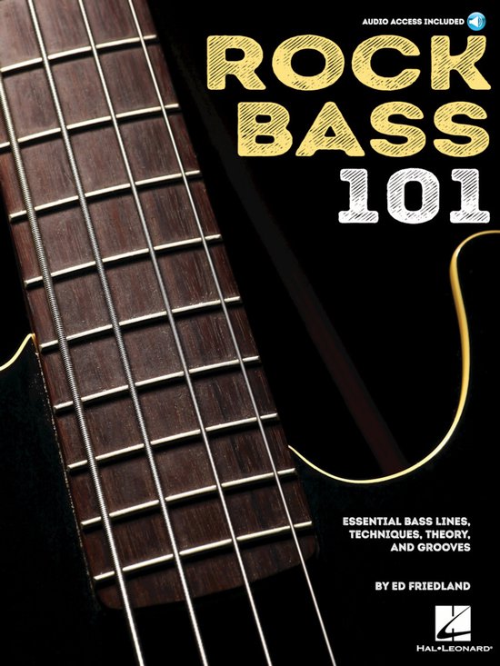 Couverture du livre 'Rock Bass 101' avec un gros plan d'une guitare basse, touche brun foncé, cordes métalliques. Texte: Rock Bass 101.