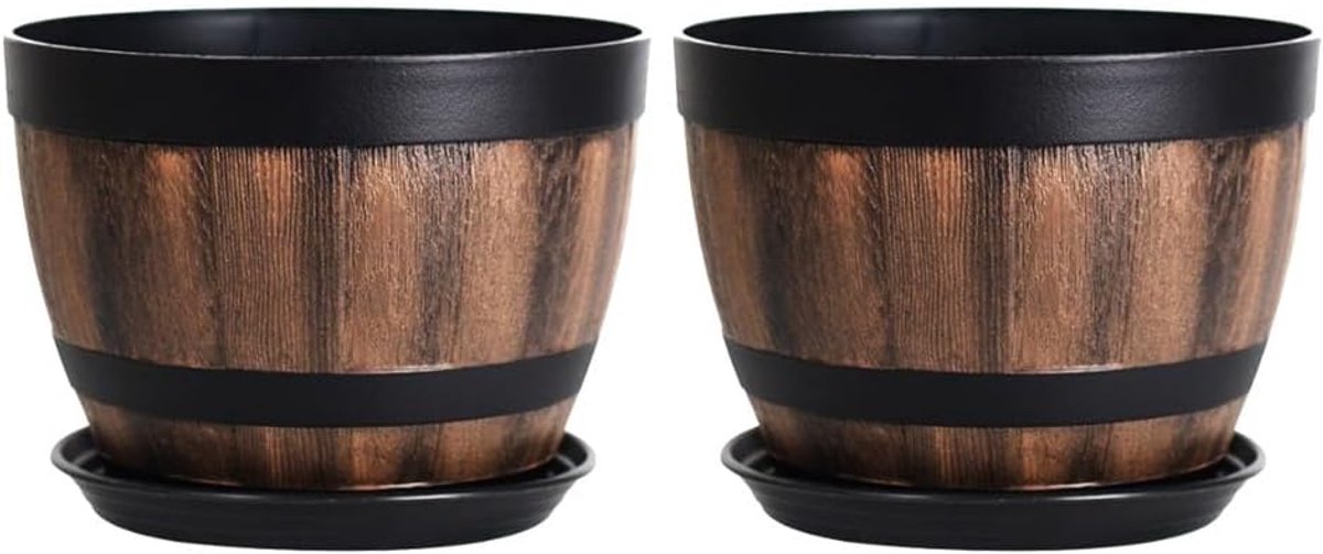 Bloempot Creatief Ontwerp - Houten Kuip Stijl - Planten Binnen Buiten - Drainage Systeem - Hoogte 17cm Diameter 23cm - Bruin