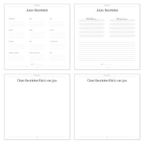 Voorpagina van een boek met de titel "Jouw favorieten", met secties voor speelgoed, knuffels, spelletjes en dingen om te doen.