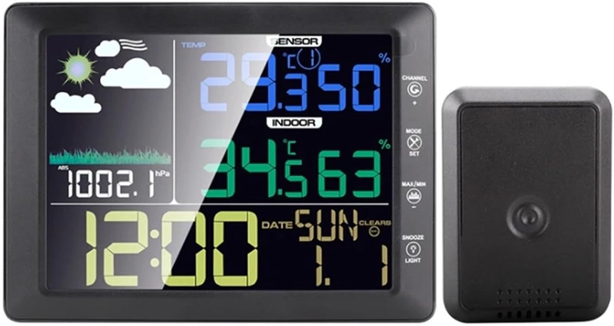 Draadloos Weerstation - Klok Vochtigheidsmeter - Binnen Buiten - Kleurenscherm Geluidsregeling - -40-60C - Zwart