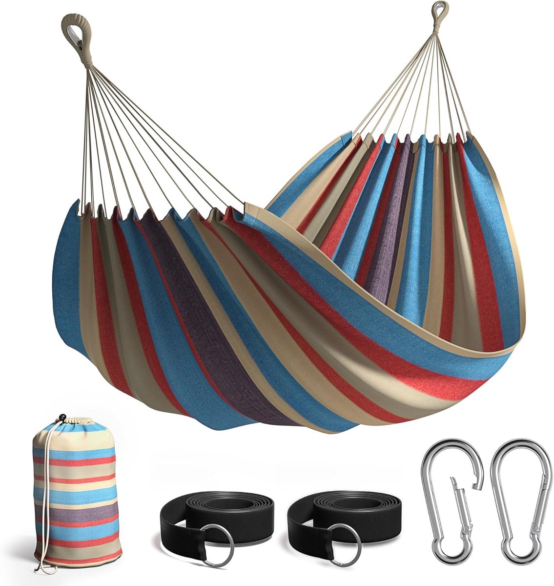 Dubbele Hangmat - Tweepersoons Bed - Buiten Ontspannen - Extra Lang Ontwerp - Tot 204 kg - Gestreept Rood