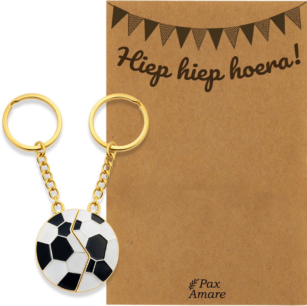 BFF Sleutelhanger voor 2 'Hiep Hiep Hoera' - Magnetische Voetbal - Sleutelhanger set op Cadeau Kaartje - Goudkleurig - Verjaardags Hanger - Pax Amare