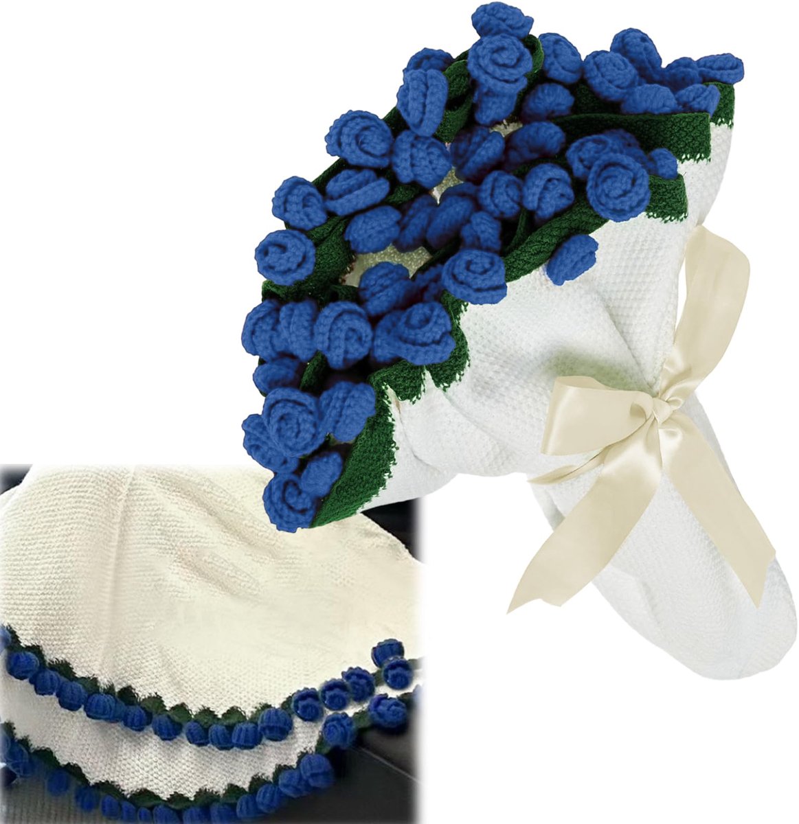 longziming - Knuffeldeken - Boeketdeken - Rozenboeketdeken - Deken - Handgehaakt met 3D-rozen - Zacht en vormvast - Veelzijdig in gebruik - Cadeau voor elke gelegenheid - Blauw