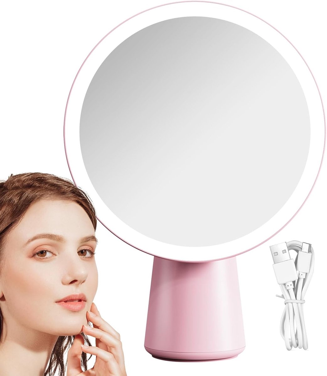Opmaakspiegel Verlichting - Gezichtsspiegel LED - Reis Slaapkamer Badkamer - UV Monitoring Dimbaar - 19.3 cm - Roze