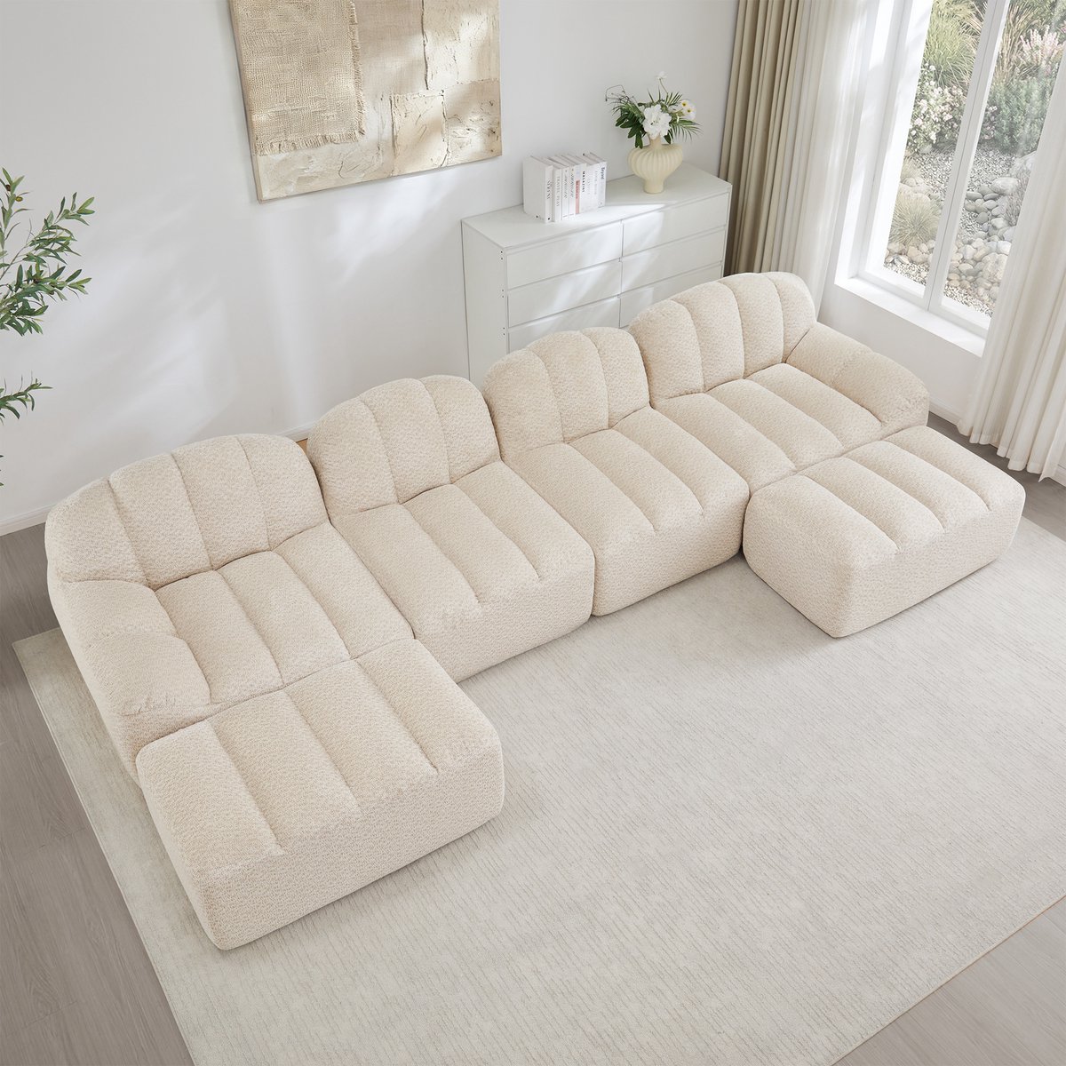 HAUSS SPOLE Hoekbank - Modulaire U-Bank - Diepe Zitting Met 2 Ottomans - 4-Zits Voor Woonkamer En Appartement - Cord Beige Wit