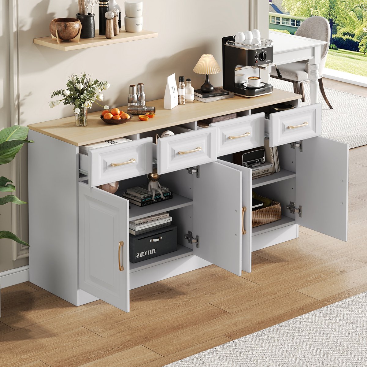 Wishdor Dressoir - 4 Lades En 4 Deuren - Verstelbare Legplanken - Landelijke Stijl - Spaanplaat - Wit En Eik - 140 X 40 X 75 Cm Wit + Eik