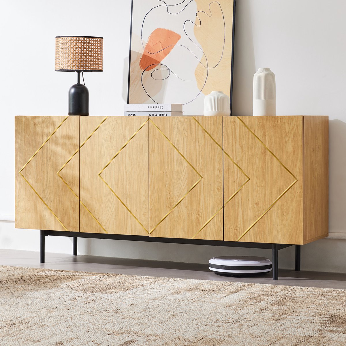 Wishdor Dressoir - 4 Deuren - Verstelbare Planken - Met Metalen Inleg - Spaanplaat - Naturel - 160 X 40 X 78 Cm