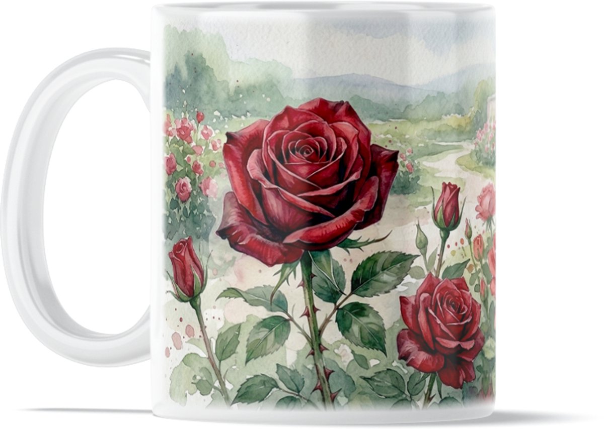 Aquarel Series Koffiemok met Rode Rozen in Bloementuin - Theemok voor op het Werk en Kantoor - Unieke Botanische Bloemenprint Drinkbeker met Tuin Ontwerp - Ideaal Cadeau voor haar: Vrouw, Vriendin of Collega - Romantisch Design