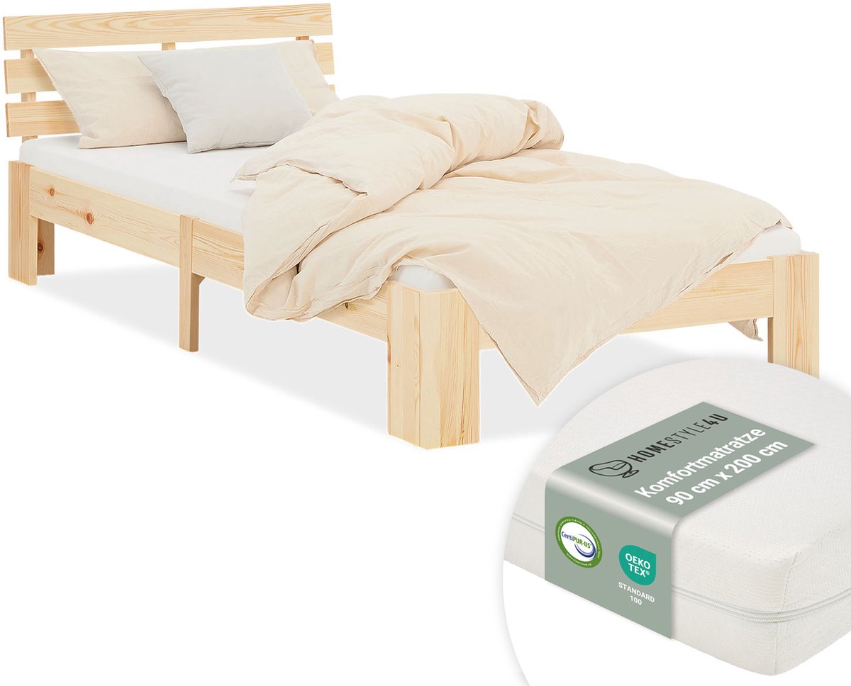 Homestyle4u Eenpersoonsbed - 90x200 cm - Houten bed - met matras en lattenbodem - Natuur