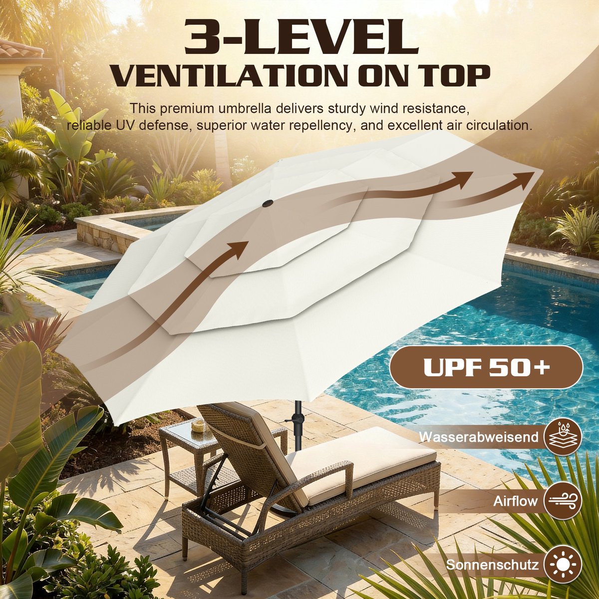 Soontrans - Stokparasol 300cm Tuin UV50+ - Balkonparasol Waterdicht - Parasol Tuin Terras met Opdraaisysteem - Strandparasol 8 Ribben - Parasol Tuin 30° Kantelbaar - Tuinparasol - Wit – foto 7