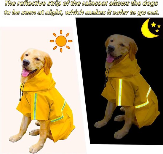 Gouden retriever in een gele regenjas met reflecterende strepen, bij daglicht en 's nachts met reflecterend effect.