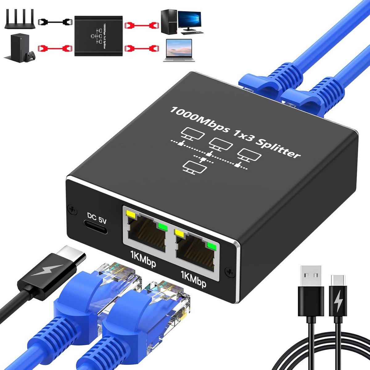 Ethernet Splitter 1 op 3 - Gigabit 1000 Mbps RJ45 LAN Met USB-C Stroomkabel