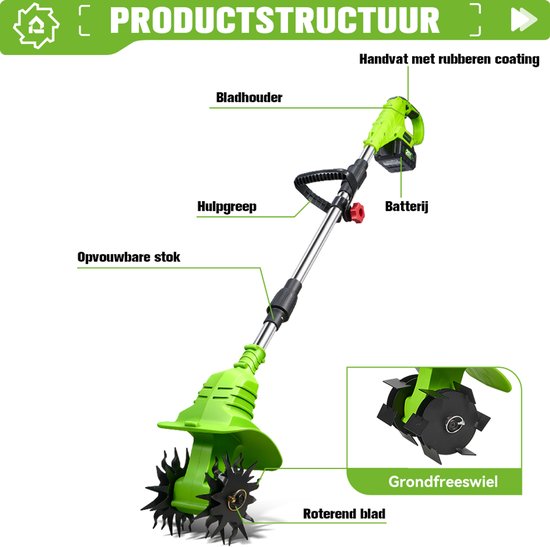ONEGREEN Accu Grondfrees - 1200 tpm - Elektrisch Tuinfrees - met 2x Accu's - 20 cm werkdiepte - 19 cm werkbreedte - voor het losmaken en beluchten van OneGreen — afbeelding 5