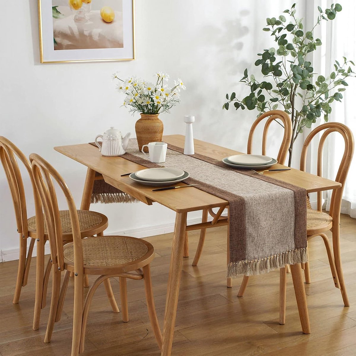 Katoen Linnen Tassels Tafelloper - Beige Bruin 38 x 220 Cm voor Dineren en Dressoir