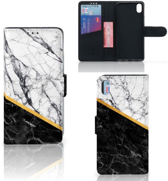 Etuis Portefeuille Compatible avec Cuir Flip Cover Fermeture magnétique pour Xiaomi Redmi 7A Coque Blanc Marbre Noir